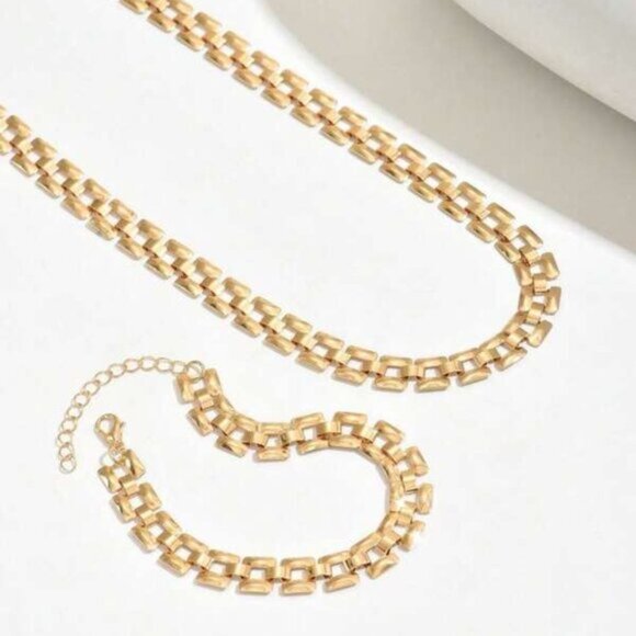 18K Gold Filled Box Link Necklace & Bracelet Set - Picture 3 of 4